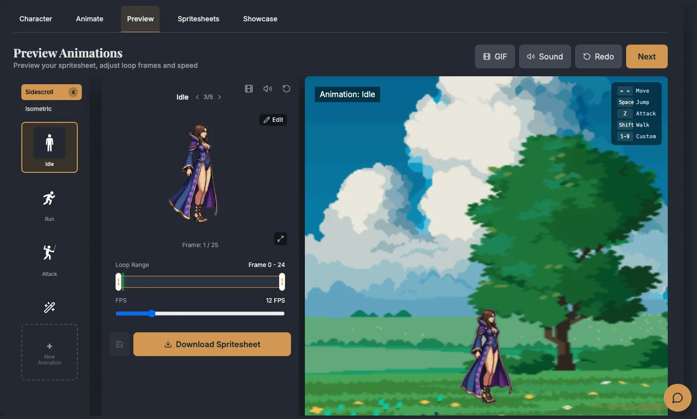 AutoSprite's preview screen with a character running in a test level