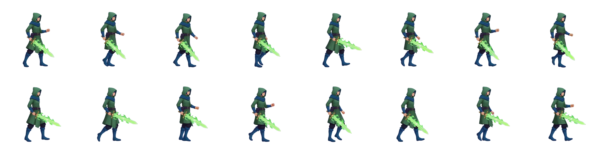 A sixteen-frame walk cycle spritesheet generated by AutoSprite