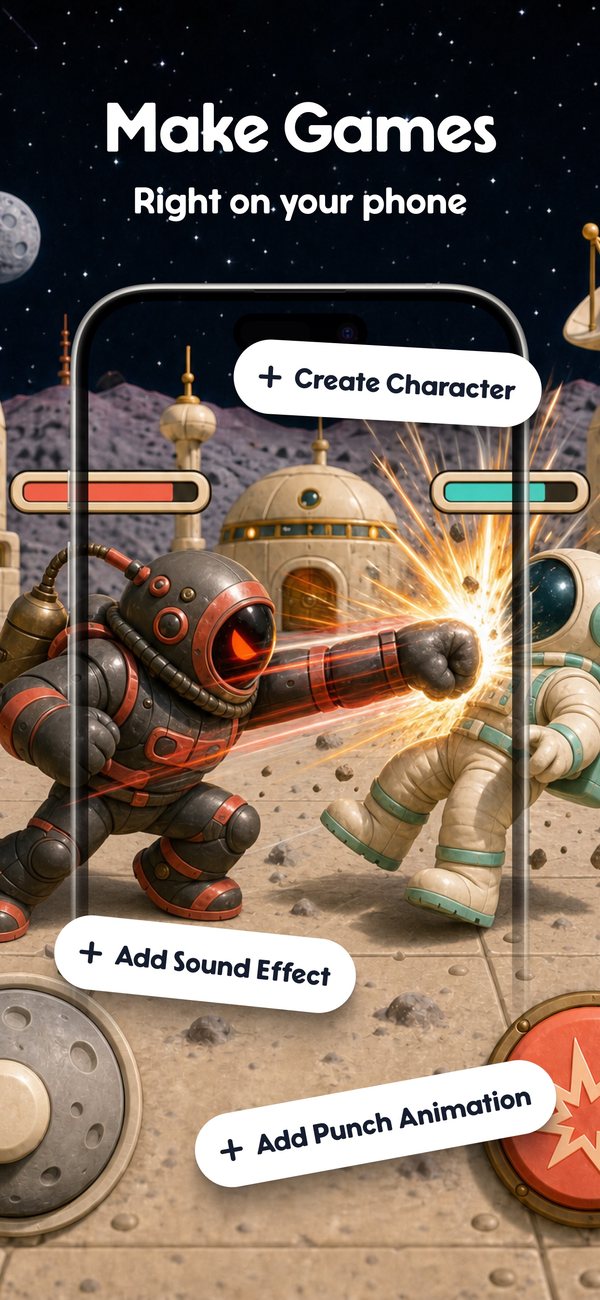 A space brawler being built on a phone, with prompts to add a character, a sound effect and a punch animation