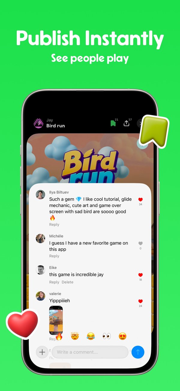 Comments and likes on a published game called Bird run