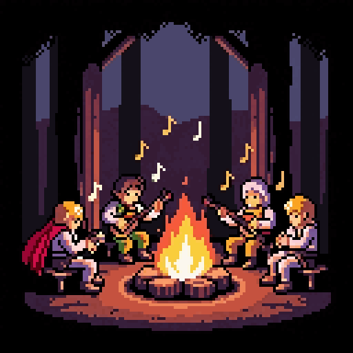 An animated pixel-art campfire scene