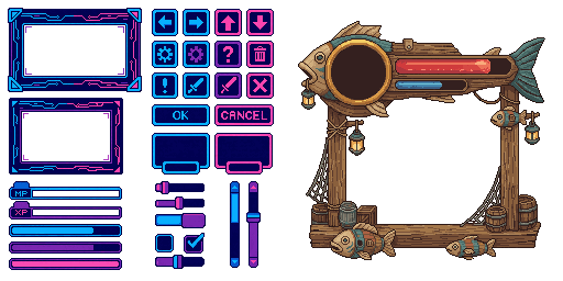 Pixel-art buttons, menus and health bars