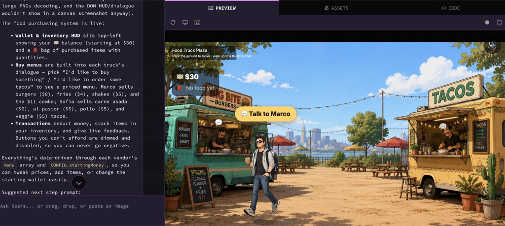 Rosebud's editor with Rosie's chat on the left and a food-truck game running on the right