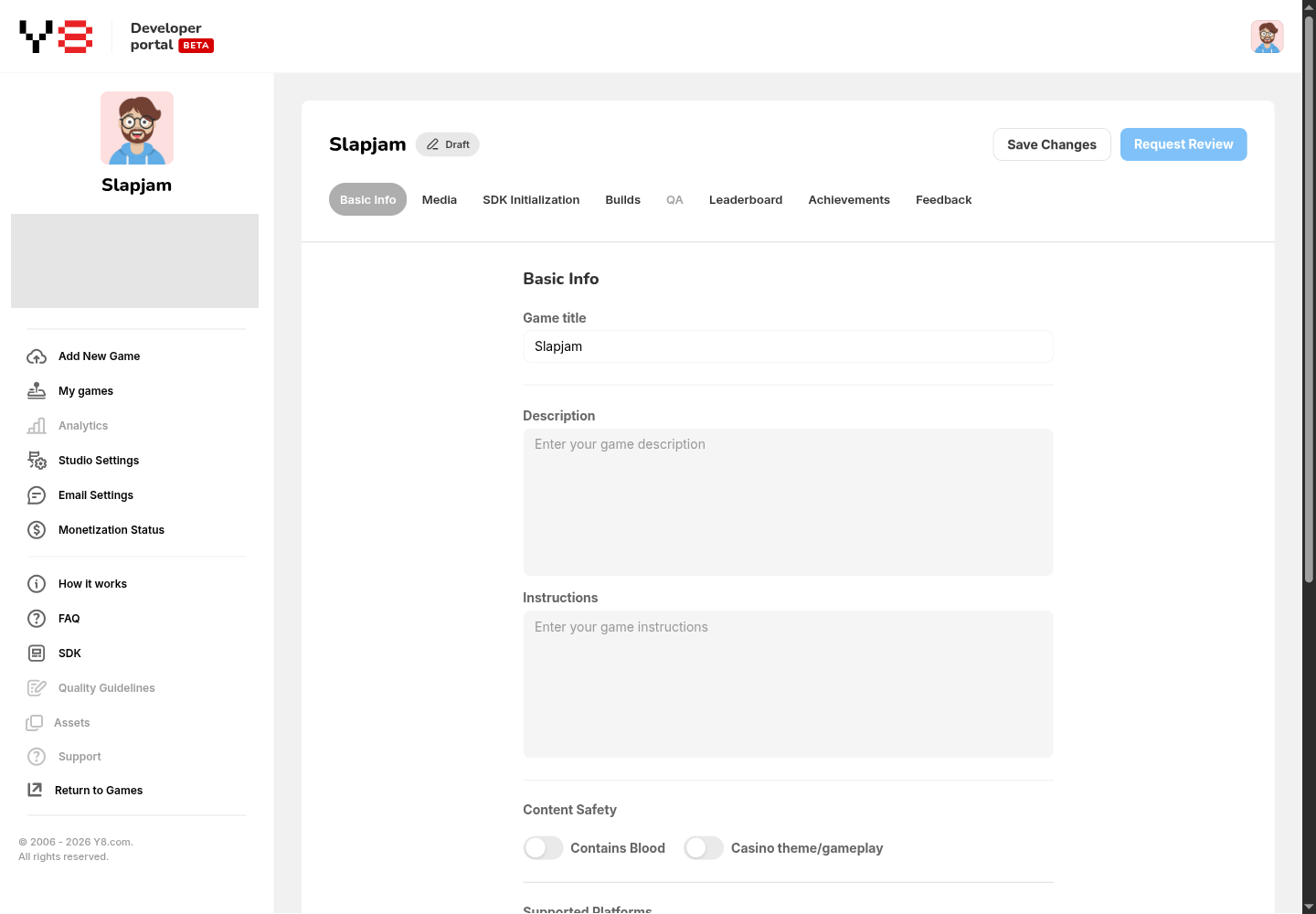 Slapjam draft's Basic Info tab with a title, empty Description and Instructions fields, and Content Safety switches.
