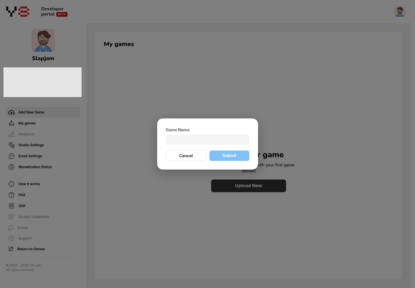 Game Name modal with an empty field and Cancel and Submit buttons.