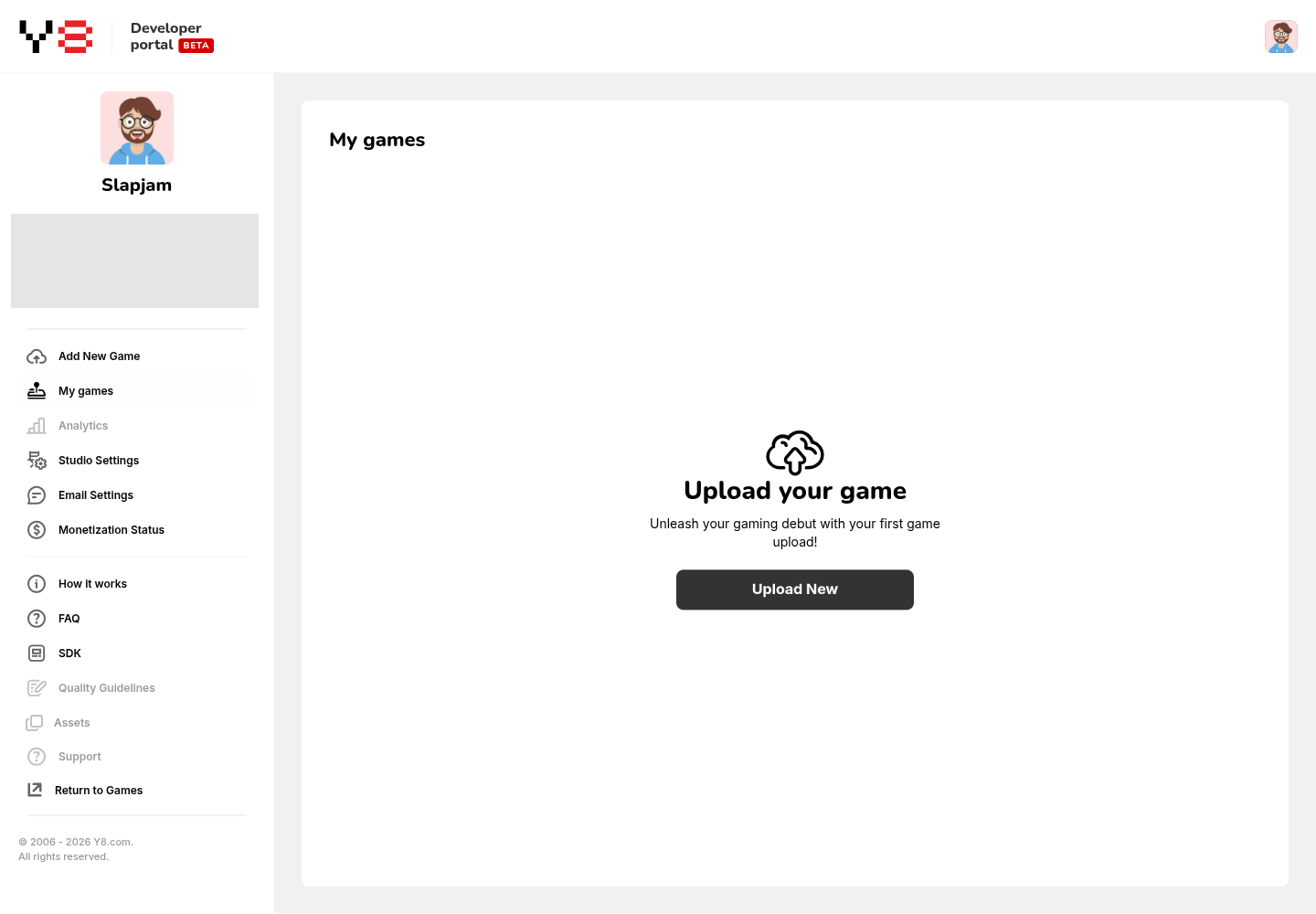 Empty My Games page with Add New Game in the sidebar and an Upload New button.