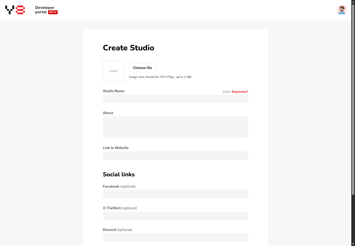 Blank Create Studio form with logo upload, Studio Name, About, website and optional social link fields.