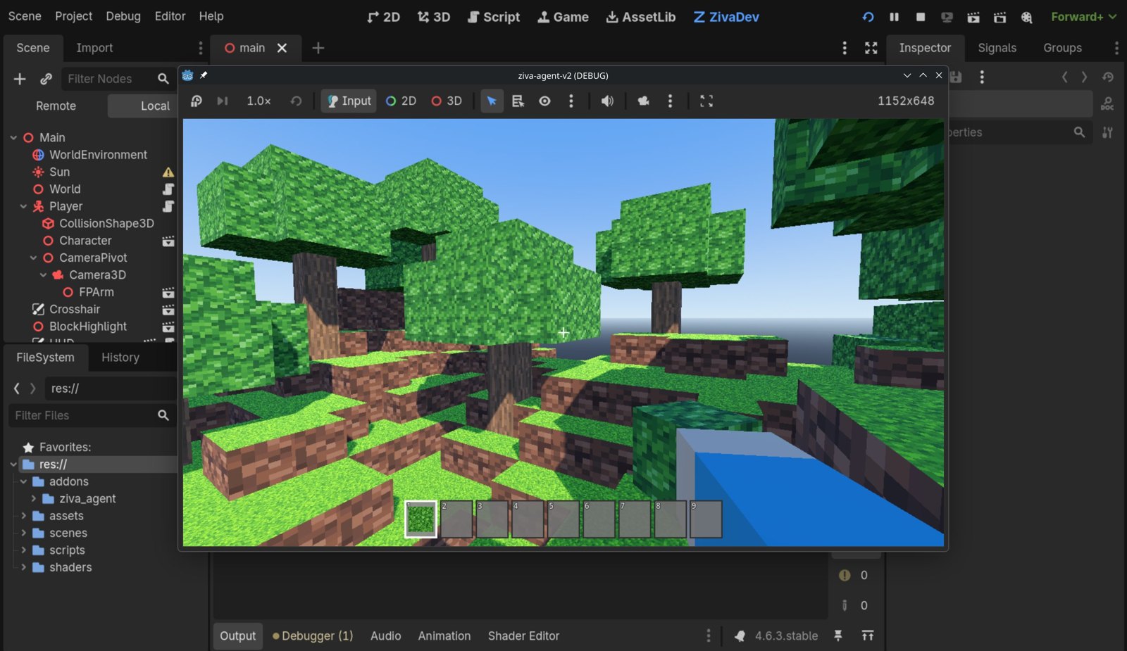 The Godot editor with a voxel, Minecraft-like game running in the Game view and the Ziva tab in the editor's top bar