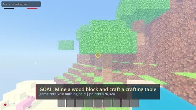 A Ziva Playtest Agent run in a voxel game, with the goal to mine a wood block and craft a crafting table shown on screen and a red REC indicator